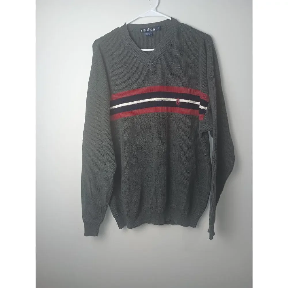 Vtg‎ 90s Gray Red Nautica Preppy Pullover Sweatshirt Sweater Men's Large